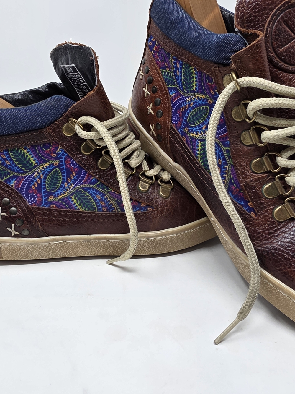 Men's Brown Leather High-Top Sneakers with Blue Patterned Inset